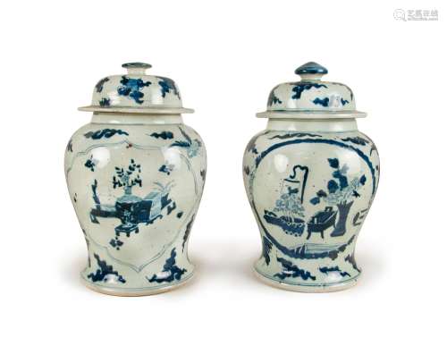 PAIR OF BLUE AND WHITE CRANE LIDDED JARS