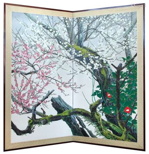 LARGE SCREEN OF BLOOMS AND BIRD(2 PANELS)