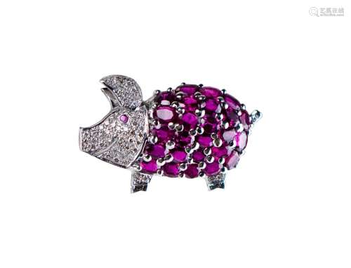 NATURAL DIAMOND AND RUBY PIGLET BROOCH