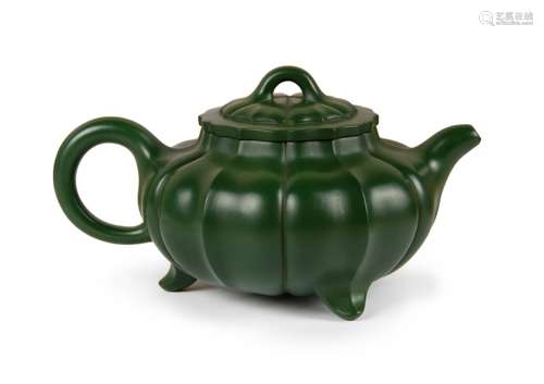 A YIXING GREEN-CLAY TEAPOT, GU JING ZHOU MARKS