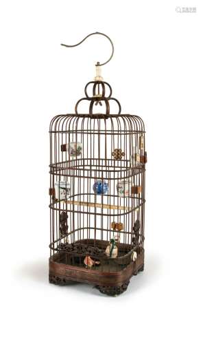 CHINESE BAMBOO BIRDCAGE(marked porcelain feeders)