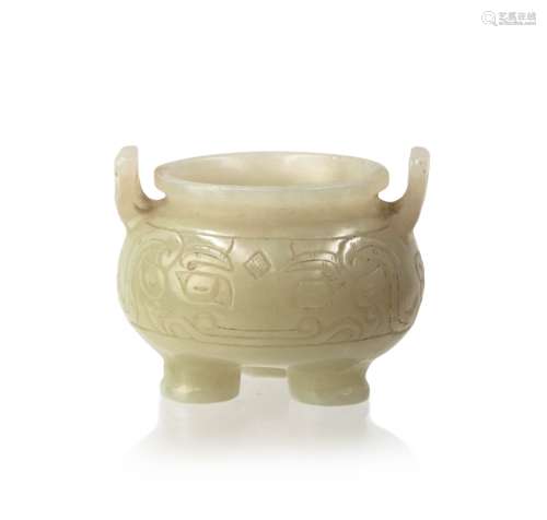 CHINESE CARVED WHITE JADE TRIPOD CENSER