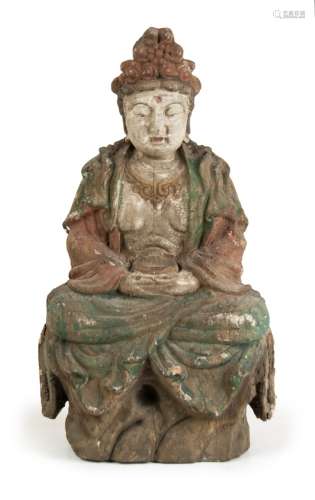 WOOD CARVED SEATED GUAN YIN