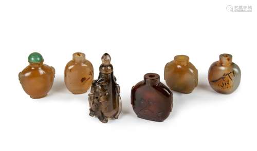 GROUP OF SIX CARVED AGATE SNUFF BOTTLES