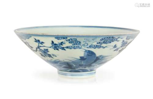 A CHINESE BLUE AND WHITE DOUBLE CARP BOWL