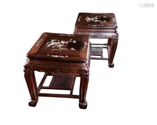 PAIR OF M.O.P. INSET CARVED ENDTABLES