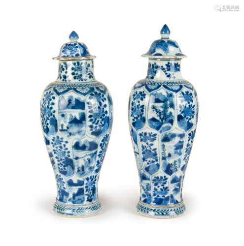 PAIR OF BLUE AND WHITE LIDDED JARS
