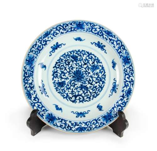A MING-STYLE BLUE AND WHITE 'LOTUS' DISH