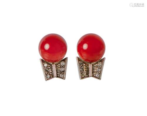 A PAIR OF AKA CORAL AND DIAMOND EARRINGS