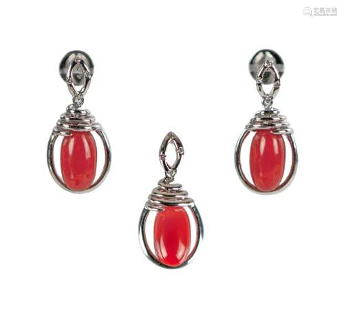 AKA CORAL, DIAMOND PENDANT AND MATCHING EARRINGS