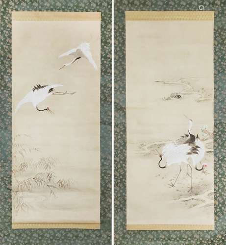 PAIR OF JAPANESE SCROLLS CRANES BY KANO TSUNENOBU