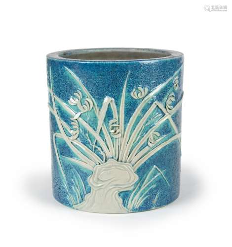 BLUE GLAZE BRUSH POT WITH ORCHIDS