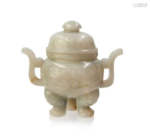 CHINESE CARVED WHITE JADE LIDDED TRIPOD CENSER