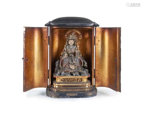 JAPANESE PAINTED WOOD CARVED GODDESS SHRINE