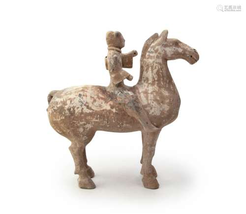 CHINESE PAINTED POTTERY HORSE AND RIDER