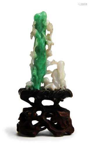 JADE CARVING OF MAN, GOATS AND STALK ON STAND