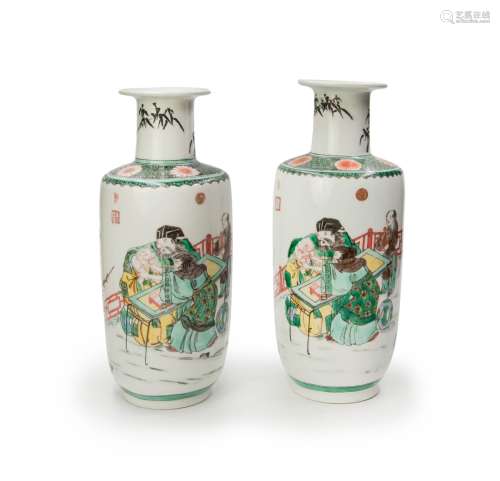 PAIR OF CHINESE FAMILLE VERTE ROULEAU VASES