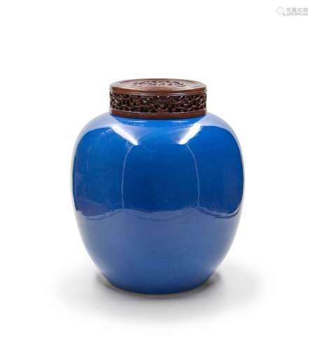 A BLUE GLAZED PORCELAIN GINGER JAR WITH WOOD COVER