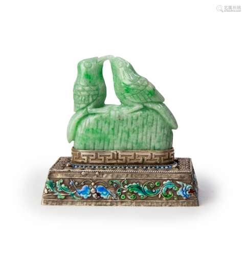 CHINESE JADITE BIRDS ON ENAMELED SILVER STAND