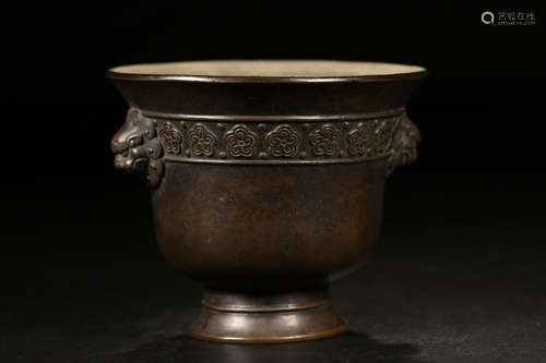 17-19TH CENTURY, A DOUBLE-EAR BRONZE STEM CUP, QING DYNASTY