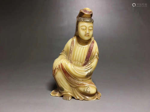 A GUAN YIN DESIGN SHOUSHAN STONE ORNAMENT