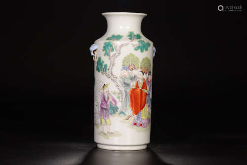 17-19TH CENTURY, A STORY DESIGN DOUBLE-EAR PORCELAIN VASE, QING DYNASTY