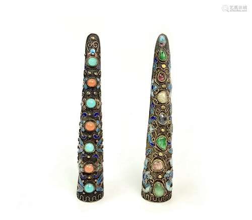 PAIR OF SILVER AND GEMSTONE INLAY NAIL PROTECTOR