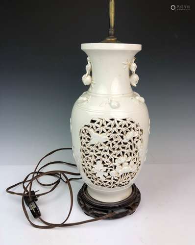 WHITE GLAZED PIERCED PORCELAIN VASE LAMP