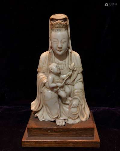 SOAPSTONE FIGURE OF GUANYIN WITH CHILD