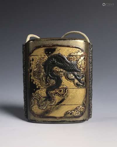 JAPANESE INRO WITH DRAGON AND NETSUKE DOG