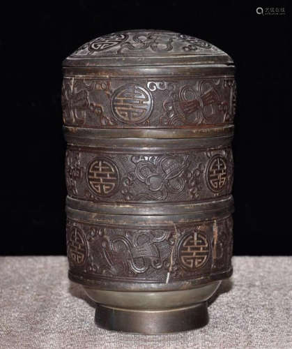 CHINESE QING CARVED COCONUT ON PEWTER STACKING BOX