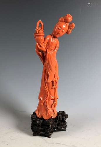 CARVED CORAL FIGURE OF GUANYIN