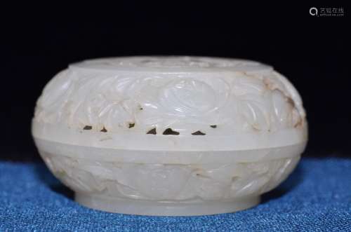 19TH C. FINELY CARVED WHITE JADE INK PASTE BOX