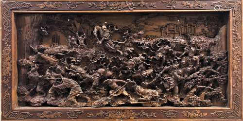 INTRICATE WOOD CARVING OF BATTLE SCENE AND SIGNED