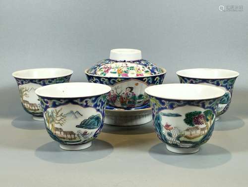 FAMILLE ROSE RICE BOWL SERVING SET WITH MARK