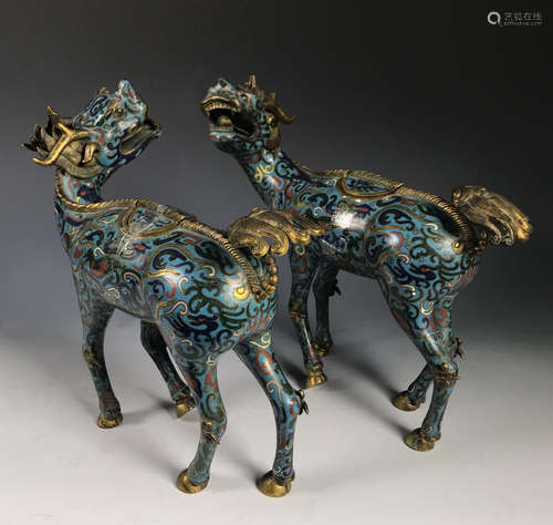 19TH C. PAIR OF GILT CLOISONNE ENAMEL 'QILIN' CENSERS