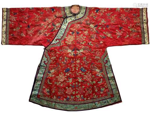FINELY EMBROIDERED SILK RED-GROUND LADY'S ROBE
