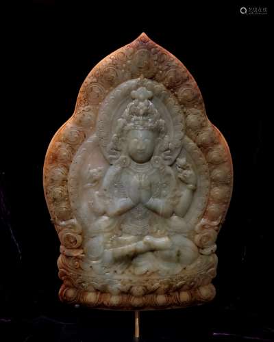 CHINESE CELADON AND RUSSET JADE BUDDHIST PLAQUE
