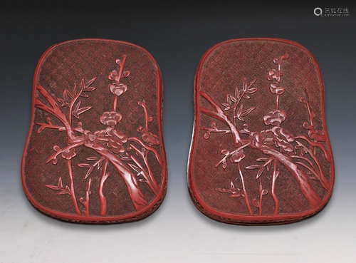 PAIR OF RED CINNABAR LACQUERED BOX