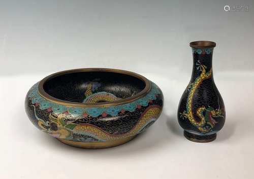 SET OF CLOISONNE ENAMEL BRONZE VASE AND WASHER