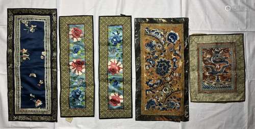 SET OF FIVE SILK EMBROIDERED PANELS