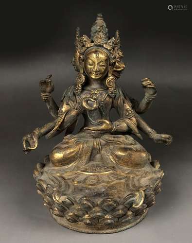 SINO-TIBETAN GILT BRONZE SIX-ARM BODHISATTVA