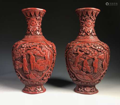 PAIR OF CARVED CINNABAR LACQUERED VASES
