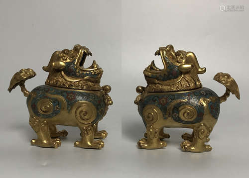 PAIR OF GILT AND CLOISONNE ENAMEL LION CENSER