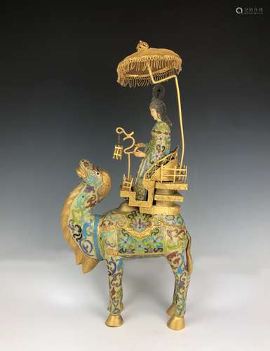 CLOISONNE ENAMEL AND GILT CAMEL WITH RIDER