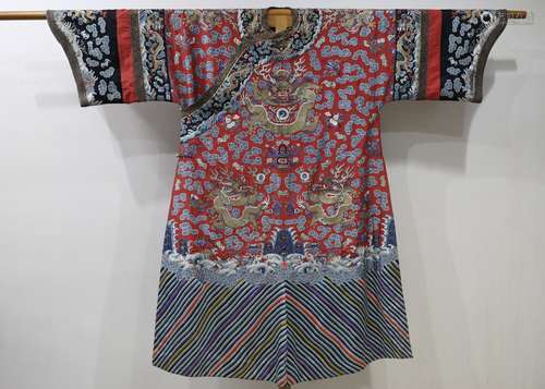 CHINESE EMBROIDERED RED-GROUND 'NINE DRAGON' ROBE