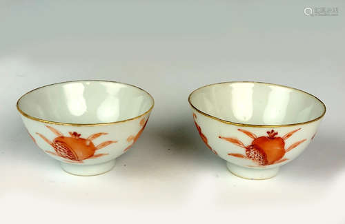 PAIR OF IRON RED GLAZED PORCELAIN TEA CUPS WITH MARK