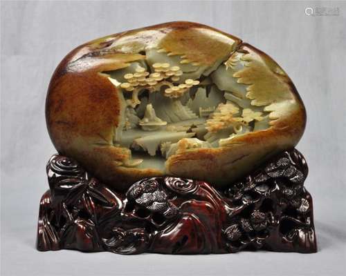 LARGE FINELY CARVED HETIAN JADE BOULDER WITH MARK