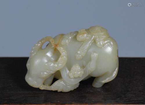 19TH C. CARVED WHITE JADE OX WITH BOYS