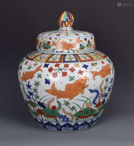 WUCAI PORCELAIN FISH JAR WITH COVER AND MARK